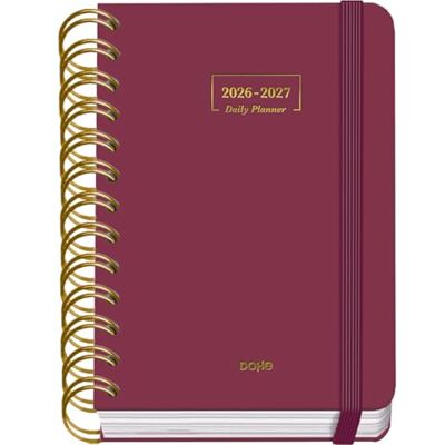 DOHE Schülerkalender 2026 2027 SEP bis JUN, Tag pro Seite, A6 (12x17 cm), Weicher Hardcover-Einband, Doppelspirale, Verschluss mit Gummiband, 2 Seiten Aufkleber, Spanisch und Englisch Bordeaux DOHE Schülerkalender 2026 2027 SEP bis JUN, Tag pro Seite, A6 (12x17 cm), Weicher Hardcover-Einband, Doppelspirale, Verschluss mit Gummiband, 2 Seiten Aufkleber, Spanisch und Englisch Bordeaux