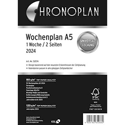 Chronoplan 50574 Kalendereinlage 2024 (Wochenplan A5 (148x210mm) Ersatzkalendarium für Terminplaner, ideal für detaillierte Wochenplanung, 1 Woche auf 2 Seiten in Zeilen, mit Universallochung) weiß Chronoplan 50574 Kalendereinlage 2024 (Wochenplan A5 (148x210mm) Ersatzkalendarium für Terminplaner, ideal für detaillierte Wochenplanung, 1 Woche auf 2 Seiten in Zeilen, mit Universallochung) weiß