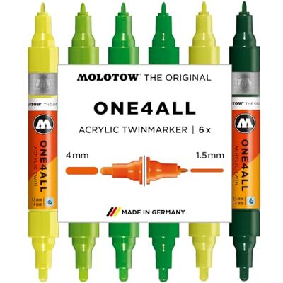 Molotow One4All Acrylic Twin Marker Green Set (1,5 und 4,0 mm Strichstärke, hochdeckend und permanent, schnell trocknend, nachfüllbar, für fast alle Untergründe) 6 Stück sortiert Molotow One4All Acrylic Twin Marker Green Set (1,5 und 4,0 mm Strichstärke, hochdeckend und permanent, schnell trocknend, nachfüllbar, für fast alle Untergründe) 6 Stück sortiert