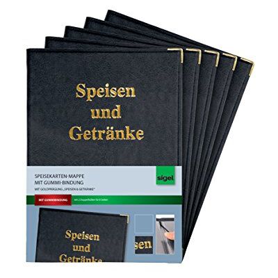 Sigel SM101/5 Speisekarten-Mappen für A5, Menükarte, 5er Pack mit Gummi-Bindung, schwarz mit Goldprägung, strapazierfähig und leicht abwischbar Sigel SM101/5 Speisekarten-Mappen für A5, Menükarte, 5er Pack mit Gummi-Bindung, schwarz mit Goldprägung, strapazierfähig und leicht abwischbar