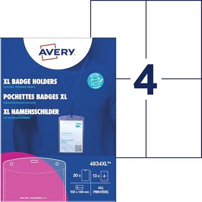 Avery 4834XL Namensschilder für Kleidung 50 Stück (148x105mm, A6 Namenschilder-Taschen inkl. 52 Stück blanko Einsteckschilder, transparente Ausweishüllen, Einsteckkarten bedruckbar) weiß Avery 4834XL Namensschilder für Kleidung 50 Stück (148x105mm, A6 Namenschilder-Taschen inkl. 52 Stück blanko Einsteckschilder, transparente Ausweishüllen, Einsteckkarten bedruckbar) weiß