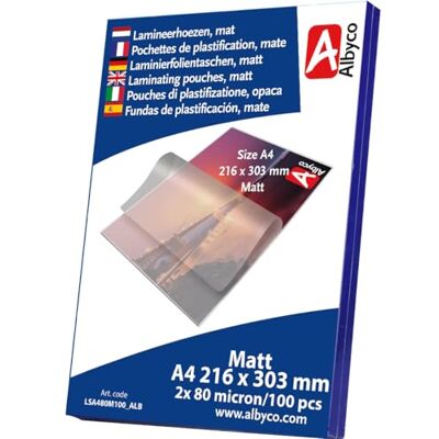 Albyco Laminierfolien, Laminiertaschen Format A4, 216x303 mm Dicke 2x80 (160) Mikron MATT 100 Stück Transparent Albyco Laminierfolien, Laminiertaschen Format A4, 216x303 mm Dicke 2x80 (160) Mikron MATT 100 Stück Transparent