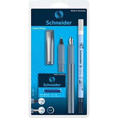 Schneider 74863 Ceod Shiny Schreibset mit Füller, Tintenroller, Tintenkiller (Rechts- und Linkshänder, M-Feder, inkl. Tintenpatronen königsblau) pacific blue, 9-teiliges Set, 1 Stück (1er Pack) Schneider 74863 Ceod Shiny Schreibset mit Füller, Tintenroller, Tintenkiller (Rechts- und Linkshänder, M-Feder, inkl. Tintenpatronen königsblau) pacific blue, 9-teiliges Set, 1 Stück (1er Pack)