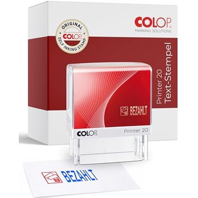 COLOP Printer 20 I BEZAHLT Stempel mit Piktogramm I selbstfärbender Bürostempel I Abdruck 14 x 38 mm I langlebiger Textstempel mit integriertem Farbkissen blau/rot I ideal für Bürobedarf COLOP Printer 20 I BEZAHLT Stempel mit Piktogramm I selbstfärbender Bürostempel I Abdruck 14 x 38 mm I langlebiger Textstempel mit integriertem Farbkissen blau/rot I ideal für Bürobedarf
