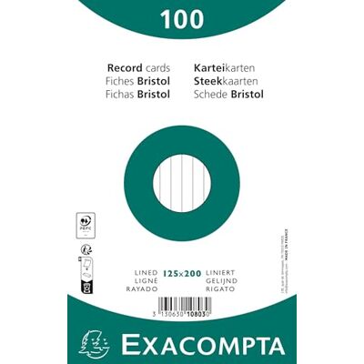 Exacompta Ref. 10803X Karteikarten, liniert, ungelocht, eingeschweißt, 125 x 200 mm, 12 Packungen mit je 100 Stück, Weiß Exacompta Ref. 10803X Karteikarten, liniert, ungelocht, eingeschweißt, 125 x 200 mm, 12 Packungen mit je 100 Stück, Weiß