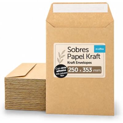 m-office Kraftpapier-Umschläge, Große Umschläge mit Silikonstreifen für A4-Dokumente oder Geschenktaschen, Maß 250x353mm, Ideal für Zertifikate und Folien (1000 Stk.) m-office Kraftpapier-Umschläge, Große Umschläge mit Silikonstreifen für A4-Dokumente oder Geschenktaschen, Maß 250x353mm, Ideal für Zertifikate und Folien (1000 Stk.)