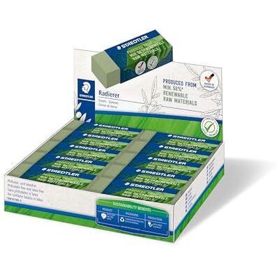 Staedtler Radierer, Radiergummi aus bis zu 56% natürlichem- und nachwachsendem Anteil, phthalat- und latexfrei, Schiebemanschette, Größe 65x23x13 mm, 20 olivgrüne Radierer im Kartondisplay, 526 80-5 Staedtler Radierer, Radiergummi aus bis zu 56% natürlichem- und nachwachsendem Anteil, phthalat- und latexfrei, Schiebemanschette, Größe 65x23x13 mm, 20 olivgrüne Radierer im Kartondisplay, 526 80-5