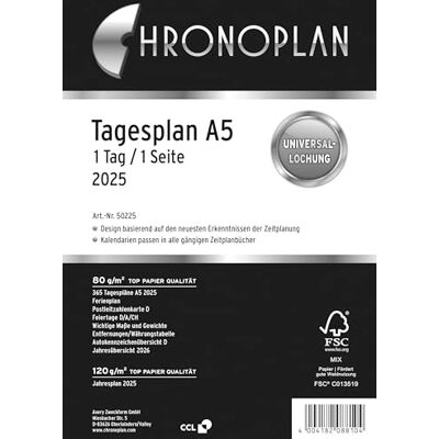 Avery Chronoplan 50225 Kalendereinlage 2025 (Tagesplan A5 (148x210mm), Ersatzkalendarium für Terminplaner, Tagesplaner, ideal für detaillierte Tagesplanung, 1 Tag auf 1 Seite, mit Universallochung) weiß Avery Chronoplan 50225 Kalendereinlage 2025 (Tagesplan A5 (148x210mm), Ersatzkalendarium für Terminplaner, Tagesplaner, ideal für detaillierte Tagesplanung, 1 Tag auf 1 Seite, mit Universallochung) weiß