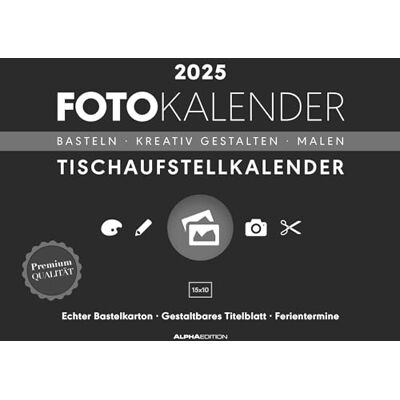 Alpha Foto-Bastelkalender schwarz 2025 Tischaufsteller, 20x16cm, Do it yourself Kalender mit Seiten aus hochwertigem Bastelkarton, gestaltbares Titelblatt und Komfortaufsteller Alpha Foto-Bastelkalender schwarz 2025 Tischaufsteller, 20x16cm, Do it yourself Kalender mit Seiten aus hochwertigem Bastelkarton, gestaltbares Titelblatt und Komfortaufsteller