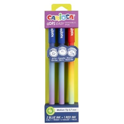CARIOCA Oops Farbige radierbare Stifte – Blister mit 3 löschbaren Gelstiften 2 blau + 1 rot – wärmeempfindliche Tinte mit Radiergummi – Spitze 0,7 mm für Schule und Büro CARIOCA Oops Farbige radierbare Stifte – Blister mit 3 löschbaren Gelstiften 2 blau + 1 rot – wärmeempfindliche Tinte mit Radiergummi – Spitze 0,7 mm für Schule und Büro