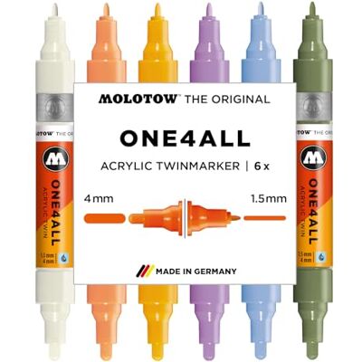 Molotow One4All Acrylic Twin Marker Pastel Modern Set (1,5 und 4,0 mm Strichstärke, hochdeckend und permanent, schnell trocknend, nachfüllbar, für fast alle Untergründe) 6 Stück sortiert Molotow One4All Acrylic Twin Marker Pastel Modern Set (1,5 und 4,0 mm Strichstärke, hochdeckend und permanent, schnell trocknend, nachfüllbar, für fast alle Untergründe) 6 Stück sortiert