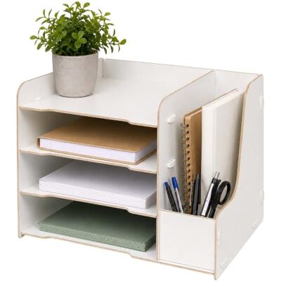 Relaxdays Briefablage, DIN A4, 4 Fächer, Stehsammler, Stifthalter, weiß HxBxT: 23 x 31,5 x 29 cm, MDF, Ablagefächer Relaxdays Briefablage, DIN A4, 4 Fächer, Stehsammler, Stifthalter, weiß HxBxT: 23 x 31,5 x 29 cm, MDF, Ablagefächer
