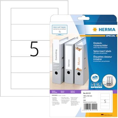 HERMA 65121 Einsteckrückenschilder für Ordner perforiert kurz breit, 25 Blatt, 146 x 50 mm, 5 pro A4 Bogen, 125 Stück, bedruckbar, matt, blanko Karton Einsteckschilder Rückenschilder, weiß HERMA 65121 Einsteckrückenschilder für Ordner perforiert kurz breit, 25 Blatt, 146 x 50 mm, 5 pro A4 Bogen, 125 Stück, bedruckbar, matt, blanko Karton Einsteckschilder Rückenschilder, weiß