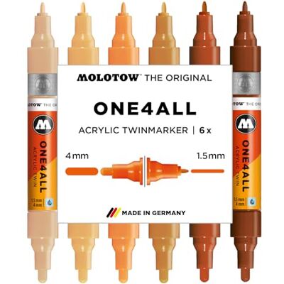 Molotow One4All Acrylic Twin Marker Wood Set (1,5 und 4,0 mm Strichstärke, hochdeckend und permanent, schnell trocknend, nachfüllbar, für fast alle Untergründe) 6 Stück sortiert Molotow One4All Acrylic Twin Marker Wood Set (1,5 und 4,0 mm Strichstärke, hochdeckend und permanent, schnell trocknend, nachfüllbar, für fast alle Untergründe) 6 Stück sortiert