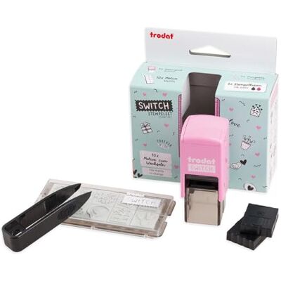 Trodat Switch Liebesbotschaften Stempelset Made in Austria mit einem Stempel in Pastell Rosa, 10 themenbezogenen Motiven zum einfachen Wechseln und 2 austauschbaren Stempelkissen in Schwarz und Pink Trodat Switch Liebesbotschaften Stempelset Made in Austria mit einem Stempel in Pastell Rosa, 10 themenbezogenen Motiven zum einfachen Wechseln und 2 austauschbaren Stempelkissen in Schwarz und Pink