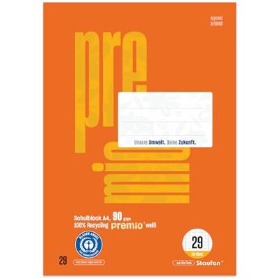 Staufen premio Schulblock 5 Hefte je 50 Blatt, DIN A4, Lineatur 29 (5 x 9 mm rautiert mit RL), 4-fach Lochung, 90 g/m² Recyclingpapier Staufen premio Schulblock 5 Hefte je 50 Blatt, DIN A4, Lineatur 29 (5 x 9 mm rautiert mit RL), 4-fach Lochung, 90 g/m² Recyclingpapier