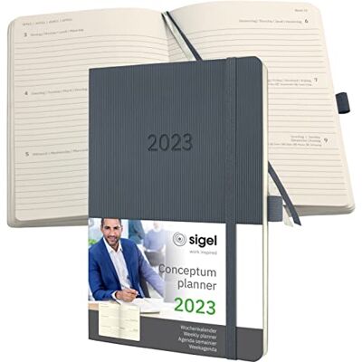 Sigel C2336 Terminplaner Wochenkalender 2023 ca. A5 dunkelgrau Softcover 192 Seiten Gummiband, Stiftschlaufe, Archivtasche PEFC-zertifiziert Conceptum Sigel C2336 Terminplaner Wochenkalender 2023 ca. A5 dunkelgrau Softcover 192 Seiten Gummiband, Stiftschlaufe, Archivtasche PEFC-zertifiziert Conceptum
