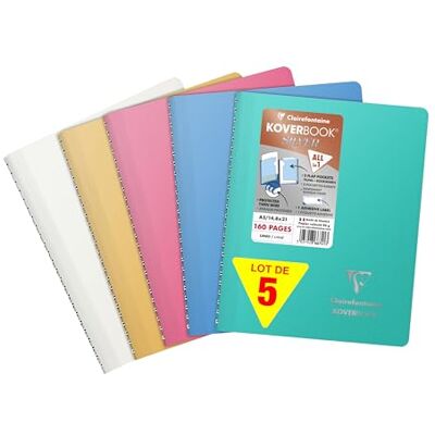 Clairefontaine 366741Cpack Packung 5 Spiralbuch Koverbook Silver mit Spiralbindung, 14,8x21cm, 80 Blatt, liniert, 90g, umlaufender Einband aus blickdichtem Polypropylen, farbig sortiert, 1 Pack Clairefontaine 366741Cpack Packung 5 Spiralbuch Koverbook Silver mit Spiralbindung, 14,8x21cm, 80 Blatt, liniert, 90g, umlaufender Einband aus blickdichtem Polypropylen, farbig sortiert, 1 Pack