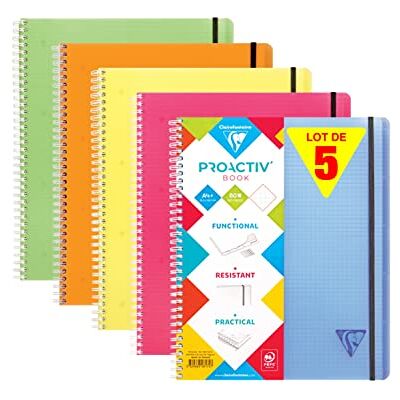 Clairefontaine 328175C Packung mit 5 Doppelspiralbücher Linicolor Fresh PROACTIV'BOOK 22,5x29,7 cm, 80 Blatt 90g kariert mit Rand, farbig sortiert, 1 Pack Clairefontaine 328175C Packung mit 5 Doppelspiralbücher Linicolor Fresh PROACTIV'BOOK 22,5x29,7 cm, 80 Blatt 90g kariert mit Rand, farbig sortiert, 1 Pack