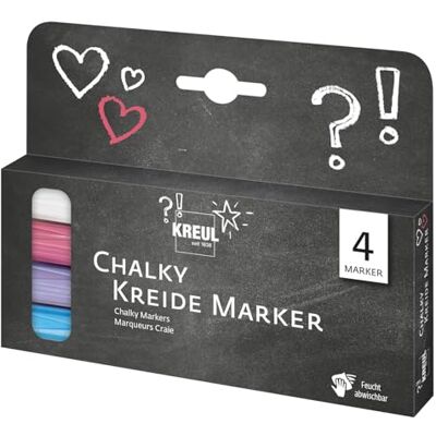 KREUL 22707 Chalky Kreide Marker Set, 4 Stifte mit formstabiler Rundspitze ca. 2 3 mm, matte, non permanente Flüssigkreide, zum Zeichnen auf Tafeln, Memoboards oder Glasoberflächen KREUL 22707 Chalky Kreide Marker Set, 4 Stifte mit formstabiler Rundspitze ca. 2 3 mm, matte, non permanente Flüssigkreide, zum Zeichnen auf Tafeln, Memoboards oder Glasoberflächen