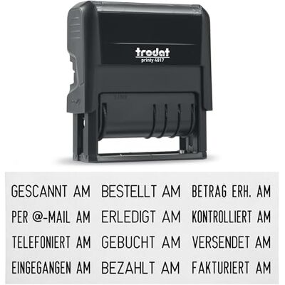 Trodat Printy 4.0 4817 Datumstempel mit Wortband, Deutsch, Schwarz, 12 Office-Texte zum Drehen, Abdruck 47x4 mm, Stempelkissen schwarz, selbstfärbend Trodat Printy 4.0 4817 Datumstempel mit Wortband, Deutsch, Schwarz, 12 Office-Texte zum Drehen, Abdruck 47x4 mm, Stempelkissen schwarz, selbstfärbend