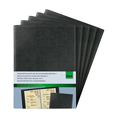 Sigel SM135/5 Speisekarten-Mappen / Dokumentenmappen mit Buchschrauben-Bindung für A5, 5-er Pack, schwarz mit edler Leinenstruktur, strapazierfähig und leicht abwischbar Sigel SM135/5 Speisekarten-Mappen / Dokumentenmappen mit Buchschrauben-Bindung für A5, 5-er Pack, schwarz mit edler Leinenstruktur, strapazierfähig und leicht abwischbar