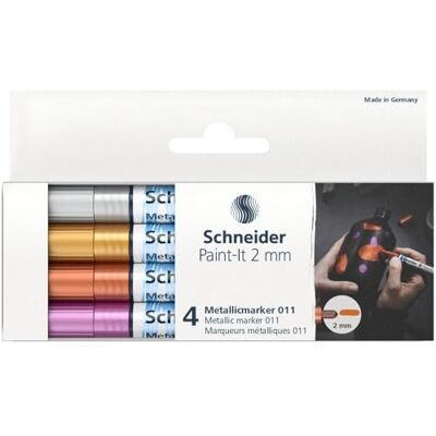 Schneider Paint-It Metallicmarker 4er Set (Set 2, Strichstärke 2 mm, neue Pigmenttechnologie, starker Glitzereffekt) silber, gold, kupfer, violett Schneider Paint-It Metallicmarker 4er Set (Set 2, Strichstärke 2 mm, neue Pigmenttechnologie, starker Glitzereffekt) silber, gold, kupfer, violett