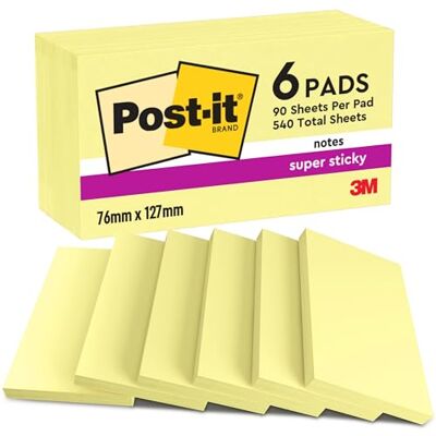 Post-it Super Sticky Notes Kanariengelb, Packung mit 6 Blöcken, 90 Blatt pro Block, 76 mm x 127 mm, Farbe: Gelb Extra-stark klebende Notizzettel für Notizen, To-Do-Listen und Erinnerungen Post-it Super Sticky Notes Kanariengelb, Packung mit 6 Blöcken, 90 Blatt pro Block, 76 mm x 127 mm, Farbe: Gelb Extra-stark klebende Notizzettel für Notizen, To-Do-Listen und Erinnerungen