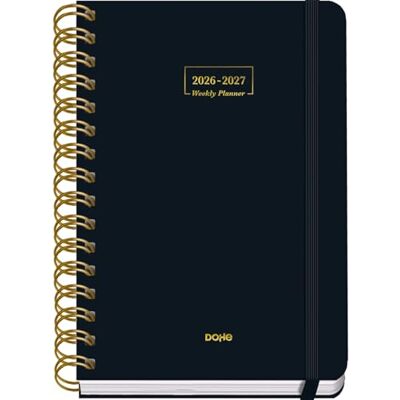 DOHE Schülerkalender 2026 2027 SEP bis JUN, Tag pro Seite, A5 (15x21 cm), Weicher Hardcover-Einband, Doppelspirale, Verschluss mit Gummiband, 2 Seiten Aufkleber, Spanisch und Englisch Schwarz DOHE Schülerkalender 2026 2027 SEP bis JUN, Tag pro Seite, A5 (15x21 cm), Weicher Hardcover-Einband, Doppelspirale, Verschluss mit Gummiband, 2 Seiten Aufkleber, Spanisch und Englisch Schwarz
