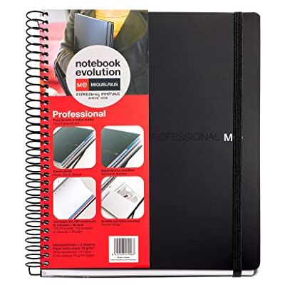 Miquelrius A5 Notizbuch, 120 karierte und blanko Seiten, schwarze Polypropylen-Deckel, opakes 70-g/m²-Papier, Gummibandverschluss, Kartontaschentasche, 3 bewegliche Trennblätter (1 mit Lineal) Miquelrius A5 Notizbuch, 120 karierte und blanko Seiten, schwarze Polypropylen-Deckel, opakes 70-g/m²-Papier, Gummibandverschluss, Kartontaschentasche, 3 bewegliche Trennblätter (1 mit Lineal)