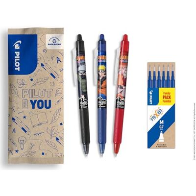 PILOT Naruto FriXion Ball Clicker, 3 Stück, Schwarz, Blau, Rot + 1 Set mit 6 blauen Ersatzminen, löschbarer Kugelschreiber, Naruto Shipudden Limited Edition, einziehbarer Kugelschreiber, mittlere PILOT Naruto FriXion Ball Clicker, 3 Stück, Schwarz, Blau, Rot + 1 Set mit 6 blauen Ersatzminen, löschbarer Kugelschreiber, Naruto Shipudden Limited Edition, einziehbarer Kugelschreiber, mittlere