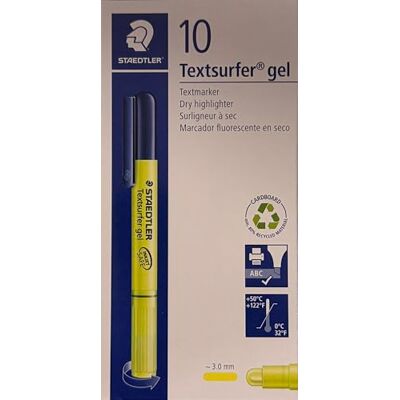 Staedtler Textsurfer Gel Trockentextmarker für Inkjet-Ausdrücke mit Drehmechanik Strichbreite 3 mm 10 Stück gelb Gel-Textmarker mit Drehmechanik – verwischt nicht auf Inkjet-Ausdrucken – Art.-Nr. 264-1 Staedtler Textsurfer Gel Trockentextmarker für Inkjet-Ausdrücke mit Drehmechanik Strichbreite 3 mm 10 Stück gelb Gel-Textmarker mit Drehmechanik – verwischt nicht auf Inkjet-Ausdrucken – Art.-Nr. 264-1