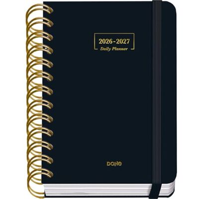DOHE Schülerkalender 2026 2027 SEP bis JUN, Tag pro Seite, A6 (12x17 cm), Weicher Hardcover-Einband, Doppelspirale, Verschluss mit Gummiband, 2 Seiten Aufkleber, Spanisch und Englisch Schwarz DOHE Schülerkalender 2026 2027 SEP bis JUN, Tag pro Seite, A6 (12x17 cm), Weicher Hardcover-Einband, Doppelspirale, Verschluss mit Gummiband, 2 Seiten Aufkleber, Spanisch und Englisch Schwarz