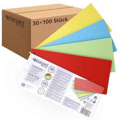 Westcott Trennstreifen 100 Stück Intensivfarben Mix (30er-Pack) Robuste Heftstreifen 190g/m² für A4 Ordner Trennblätter 10,5 x 24 cm Register 2-fach-Lochung für DIN-A4 Dokumente E-733320 00 Westcott Trennstreifen 100 Stück Intensivfarben Mix (30er-Pack) Robuste Heftstreifen 190g/m² für A4 Ordner Trennblätter 10,5 x 24 cm Register 2-fach-Lochung für DIN-A4 Dokumente E-733320 00