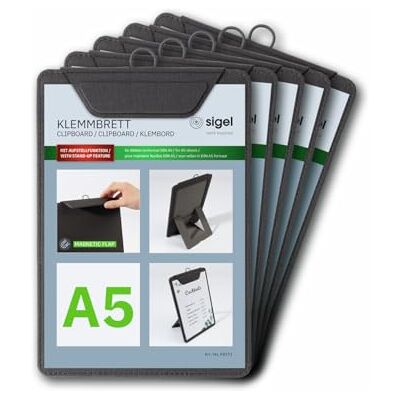 Sigel KB111/5 Klemmbretter A5, anthrazit, mit Aufstellfunktion, 5er Pack, stabile, stylische Clipboards mit edler Leinenstruktur, strapazierfähig und leicht abwischbar, für Speisekarten Sigel KB111/5 Klemmbretter A5, anthrazit, mit Aufstellfunktion, 5er Pack, stabile, stylische Clipboards mit edler Leinenstruktur, strapazierfähig und leicht abwischbar, für Speisekarten