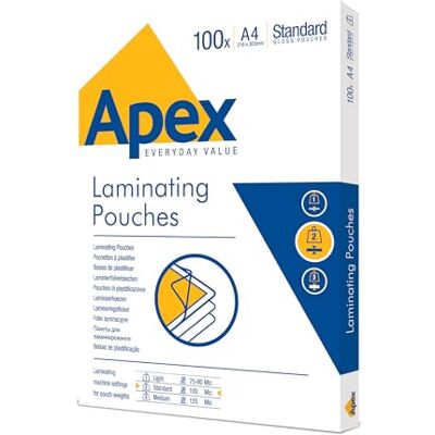 Fellowes Apex A4 Laminierfolien, glänzende Oberfläche, 100 Blatt, Standard A4, Ideal für Fotos und Informationshinweise mit optimalem Kontrast Fellowes Apex A4 Laminierfolien, glänzende Oberfläche, 100 Blatt, Standard A4, Ideal für Fotos und Informationshinweise mit optimalem Kontrast