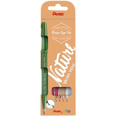Pentel SES15N-4 Brush Sign Pen Nature Colors Set, Faserschreiber, pinselähnliche Spitze, 4 Stück, farblich sortiert, olivgrün, hellbraun, hellgrau, burgunderrot Pentel SES15N-4 Brush Sign Pen Nature Colors Set, Faserschreiber, pinselähnliche Spitze, 4 Stück, farblich sortiert, olivgrün, hellbraun, hellgrau, burgunderrot