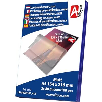 Albyco MATTE Laminierfolien, Laminiertaschen Format A5, 154x216 mm Dicke 2x80 (160) Mikron MATT 100 Stück Transparent Albyco MATTE Laminierfolien, Laminiertaschen Format A5, 154x216 mm Dicke 2x80 (160) Mikron MATT 100 Stück Transparent