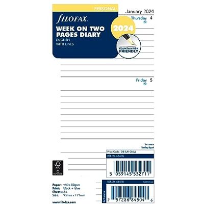 Filofax Kalender-Tagebuch-Nachfüllung, persönliche/kompakte Größe, Wochenansicht, weißes Papier, liniert, Englisch, 2024 (C68418-24) Filofax Kalender-Tagebuch-Nachfüllung, persönliche/kompakte Größe, Wochenansicht, weißes Papier, liniert, Englisch, 2024 (C68418-24)