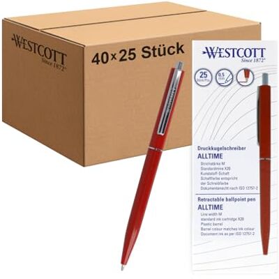 Westcott Kugelschreiber ALLTIME Rot 25 Stück (40er-Pack) Großpackung Druckkugelschreiber mit roter Tinte Strichstärke M, X20 Dokumentenecht ISO 12757-2 Stabiler Metallclip E-737449 00 Westcott Kugelschreiber ALLTIME Rot 25 Stück (40er-Pack) Großpackung Druckkugelschreiber mit roter Tinte Strichstärke M, X20 Dokumentenecht ISO 12757-2 Stabiler Metallclip E-737449 00