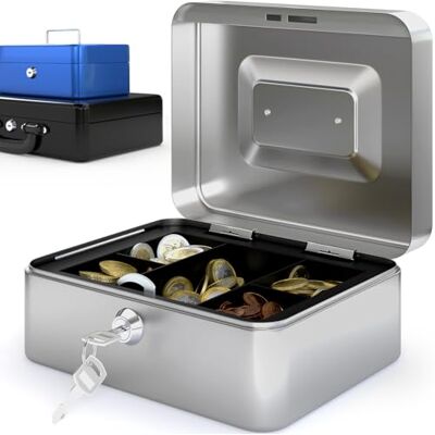 ACROPAQ Geldkassette abschließbar klein (20,5 x 16 x 9 cm), Spardose mit schlüssel, Stahlkonstruktion, Mit 2 enthaltenen Schlüsseln, Silber Abschließbare box, Kleine Kasse Box ACROPAQ Geldkassette abschließbar klein (20,5 x 16 x 9 cm), Spardose mit schlüssel, Stahlkonstruktion, Mit 2 enthaltenen Schlüsseln, Silber Abschließbare box, Kleine Kasse Box