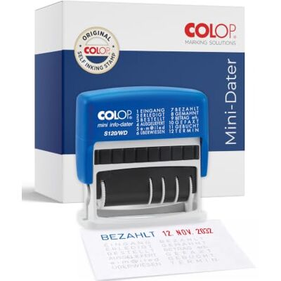 COLOP Wortband-Datumstempel mit 12 gängigen Bürotexten, S120/WD, Abdruckhöhe 4 mm, integriertes Stempelkissen blau/rot COLOP Wortband-Datumstempel mit 12 gängigen Bürotexten, S120/WD, Abdruckhöhe 4 mm, integriertes Stempelkissen blau/rot