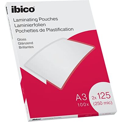 Ibico Laminierfolien A3 250 Mikron (2 x 125 mic), 100 Stück, Glänzende Heißlaminierfolien, Abgerundete Ecken, Ideal für Zeichnungen und Plakate, Transparent, Kristallklar, 627321 Ibico Laminierfolien A3 250 Mikron (2 x 125 mic), 100 Stück, Glänzende Heißlaminierfolien, Abgerundete Ecken, Ideal für Zeichnungen und Plakate, Transparent, Kristallklar, 627321