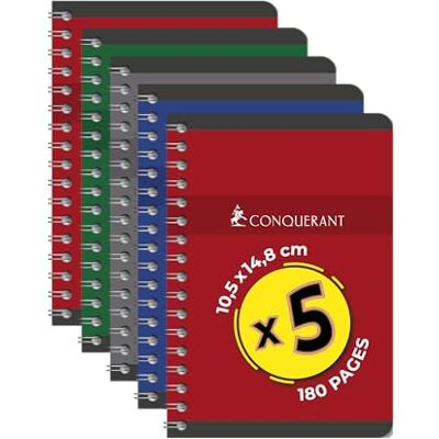 Conquerant Conquérant 5 Notizbücher, A5, kleine Karos, 5 mm, 180 Seiten, Spiralbindung, Umschlag recycelte Karten Conquerant Conquérant 5 Notizbücher, A5, kleine Karos, 5 mm, 180 Seiten, Spiralbindung, Umschlag recycelte Karten