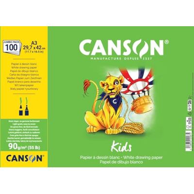 Canson Kids, weißes Zeichenpapier, leichte Körnung, 90 g/m², Blatt, A3-29,7 x 42 cm, Weiß, 100 Blatt Canson Kids, weißes Zeichenpapier, leichte Körnung, 90 g/m², Blatt, A3-29,7 x 42 cm, Weiß, 100 Blatt