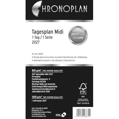 Chronoplan 50247 Kalendereinlage 2027 (Tagesplan Midi (96x172 mm), Ersatzkalendarium für Terminplaner, Tagesplaner, ideal für detaillierte Tagesplanung, 1 Tag auf 1 Seite, mit Universallochung) weiß Chronoplan 50247 Kalendereinlage 2027 (Tagesplan Midi (96x172 mm), Ersatzkalendarium für Terminplaner, Tagesplaner, ideal für detaillierte Tagesplanung, 1 Tag auf 1 Seite, mit Universallochung) weiß