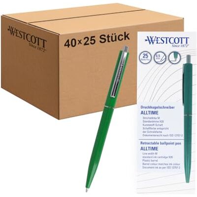 Westcott Kugelschreiber ALLTIME Grün 25 Stück (40er-Pack) Großpackung Druckkugelschreiber mit grüner Tinte Strichstärke M, X20 Dokumentenecht ISO 12757-2 Stabiler Metallclip E-737463 00 Westcott Kugelschreiber ALLTIME Grün 25 Stück (40er-Pack) Großpackung Druckkugelschreiber mit grüner Tinte Strichstärke M, X20 Dokumentenecht ISO 12757-2 Stabiler Metallclip E-737463 00