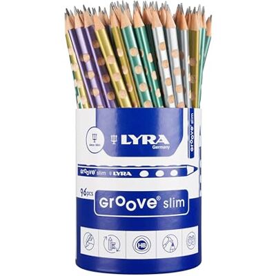 LYRA Groove Slim Graphite, Kartonrunddose mit 96 Bleistiften HB, Metallicfarben lackiert, dreiflächig mit Griffmulden LYRA Groove Slim Graphite, Kartonrunddose mit 96 Bleistiften HB, Metallicfarben lackiert, dreiflächig mit Griffmulden
