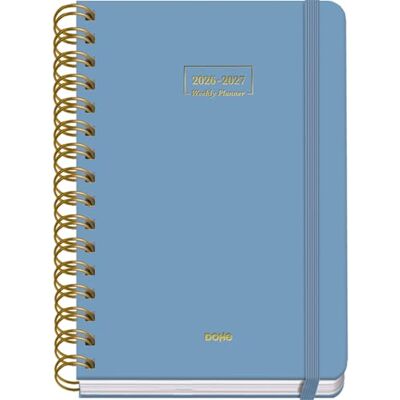 DOHE Schülerkalender 2026 2027 SEP bis JUN, Tag pro Seite, A5 (15x21 cm), Weicher Hardcover-Einband, Doppelspirale, Verschluss mit Gummiband, 2 Seiten Aufkleber, Spanisch und Englisch Blau DOHE Schülerkalender 2026 2027 SEP bis JUN, Tag pro Seite, A5 (15x21 cm), Weicher Hardcover-Einband, Doppelspirale, Verschluss mit Gummiband, 2 Seiten Aufkleber, Spanisch und Englisch Blau