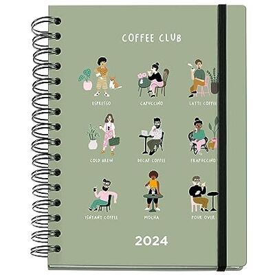 Miquelrius – Jahreskalender 2024 für Kaffeeliebhaber, Wochenansicht, Plusgröße 155 x 213 mm (ähnlich A5), starrer Einband, Spiralbindung, Gummiverschluss, mehrsprachig, Coffee Club Green Miquelrius – Jahreskalender 2024 für Kaffeeliebhaber, Wochenansicht, Plusgröße 155 x 213 mm (ähnlich A5), starrer Einband, Spiralbindung, Gummiverschluss, mehrsprachig, Coffee Club Green